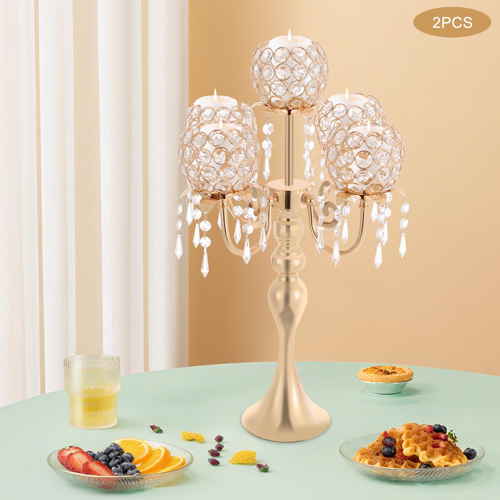 Kristall Kerzenhalter 2er Set 57cm, 5-Armiger Kandelaber Tischdeko, Gold | Moderner Tischkerzenständer für Hochzeiten Abendessen Geburtstage, 13cm Basis Stabil