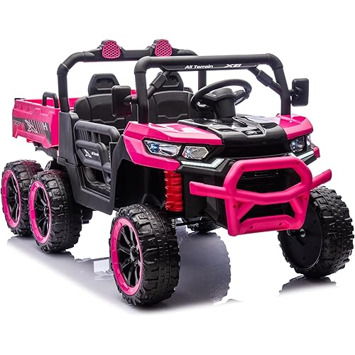 24V 2 Seater 6 Wheels Ride On Dump Truck with Electric Dump Bed, Electric UTV with Remote Control, Shovel, Pull Bow, Music Player for Girls-Pink