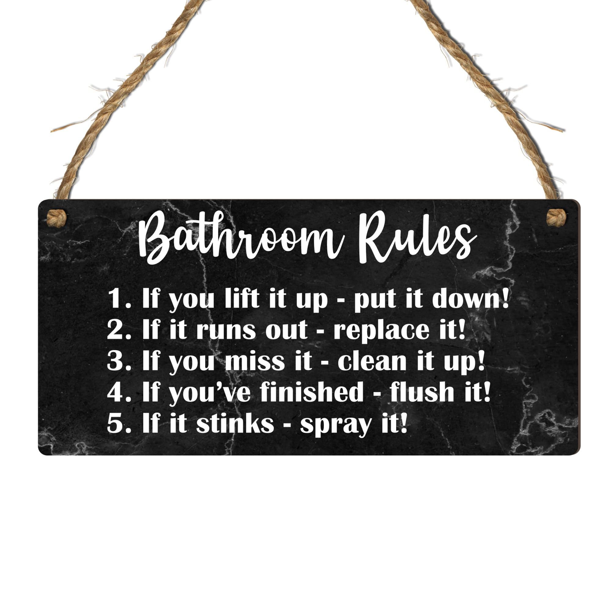 Funny Bathroom Rules Sign - Humorous Restroom Wall Plaque - Black Marble MDF Hanging Toilet Sign - Quirky Loo Décor for Home, Guest Bathroom & Office (Large: 29 cm (H) × 13.5 cm (W))