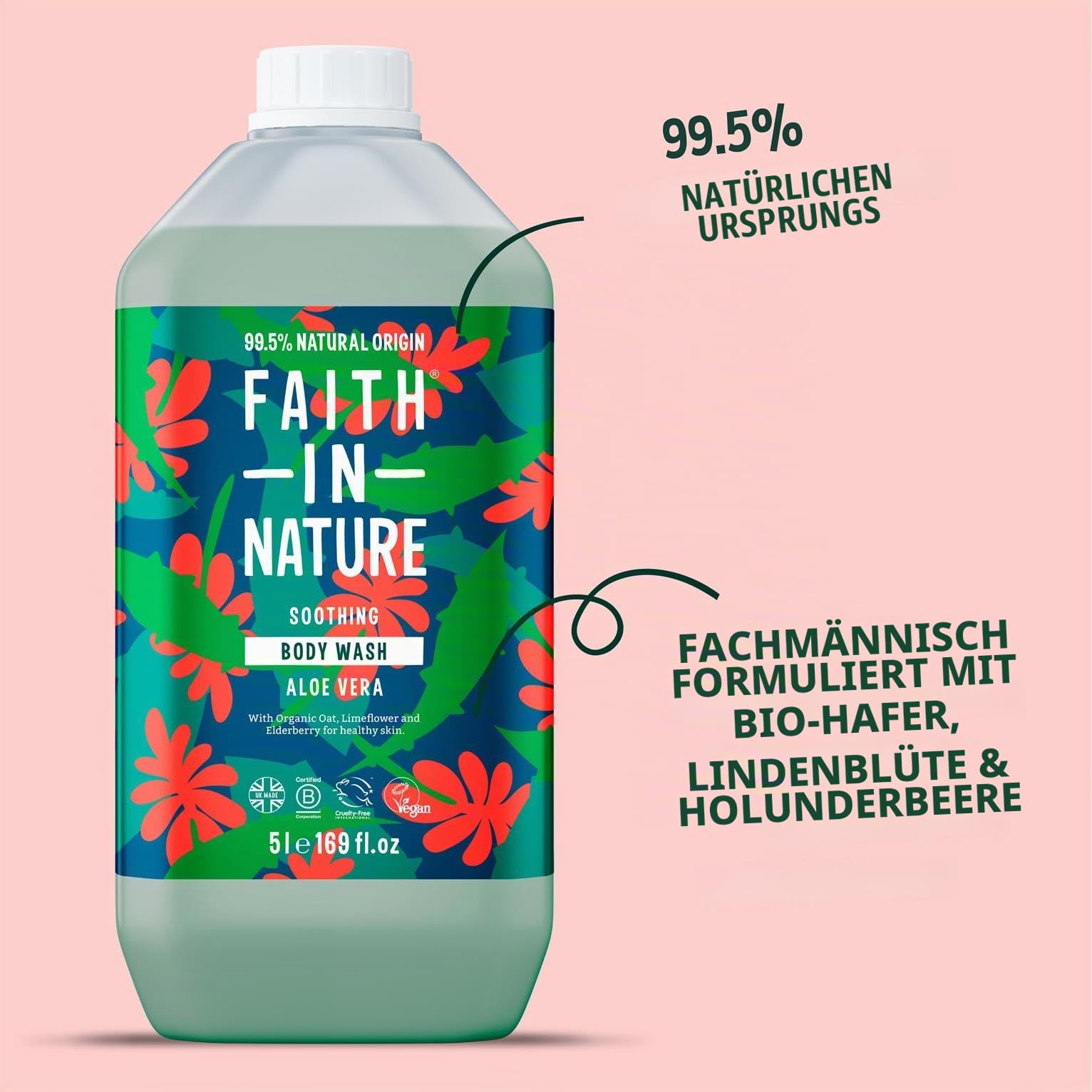 Faith In Nature Natural Aloe Vera Body Wash, Rejuvenating, Vegan & Cruelty Free, No SLS or Parabens, 5L Refill Pack