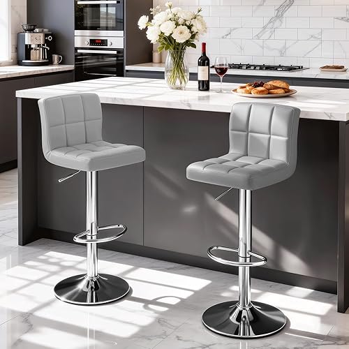 Miniatura 2 de Magshion Juego de 2 taburetes de bar, modernos taburetes de bar giratorios de piel sintética con respaldo, sillas de bar cuadradas ajustables sin