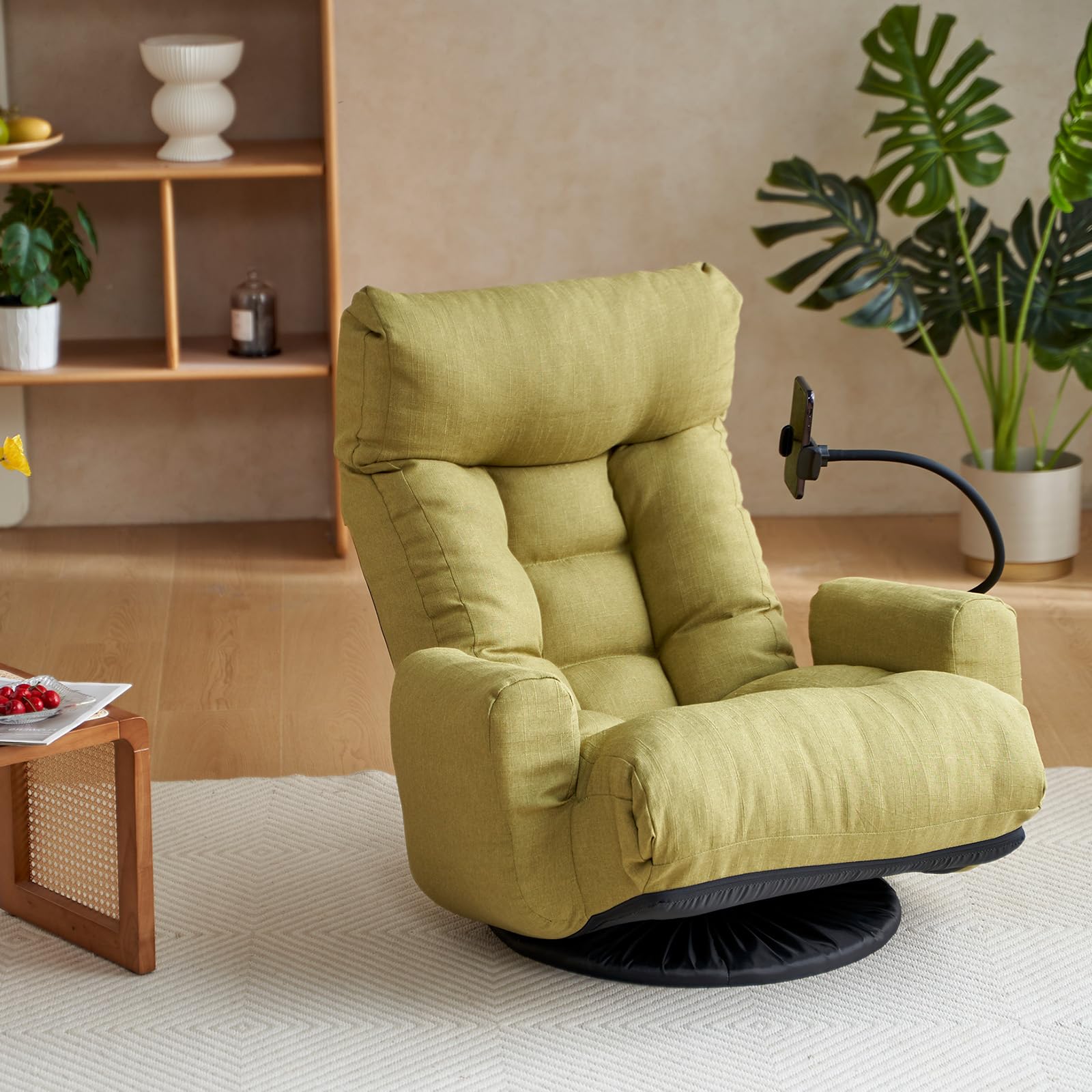 360° Swivel Gaming Floor Chair, 5 Position Adjustable Folding Sofa Chair with Armrests & Phone Holder, Cushion Padded Indoor Chaise Lounge Rocker for