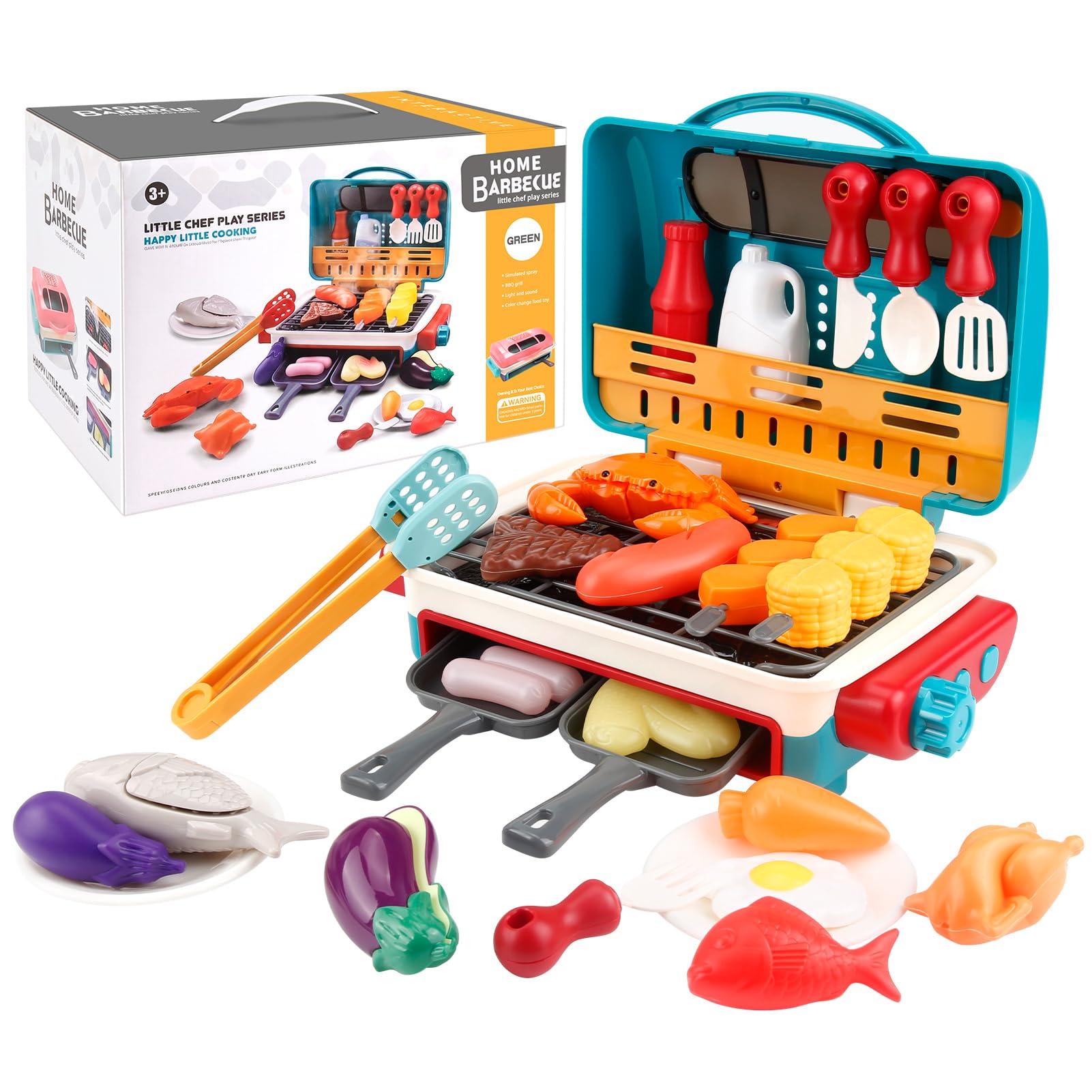 Kids BBQ Grill Playset with Spray Sound & Color-Changing, Pretend Play