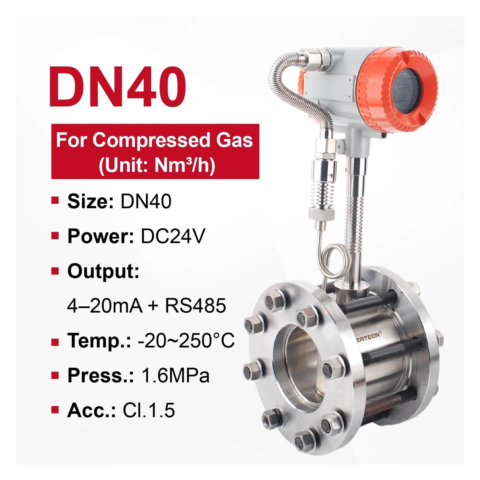 Medidor de Flujo Vortex Tipo Abrazadera con compensación de presión y Temperatura, Salida RS485 de 4-20 mA(DN40-compressed Gas)