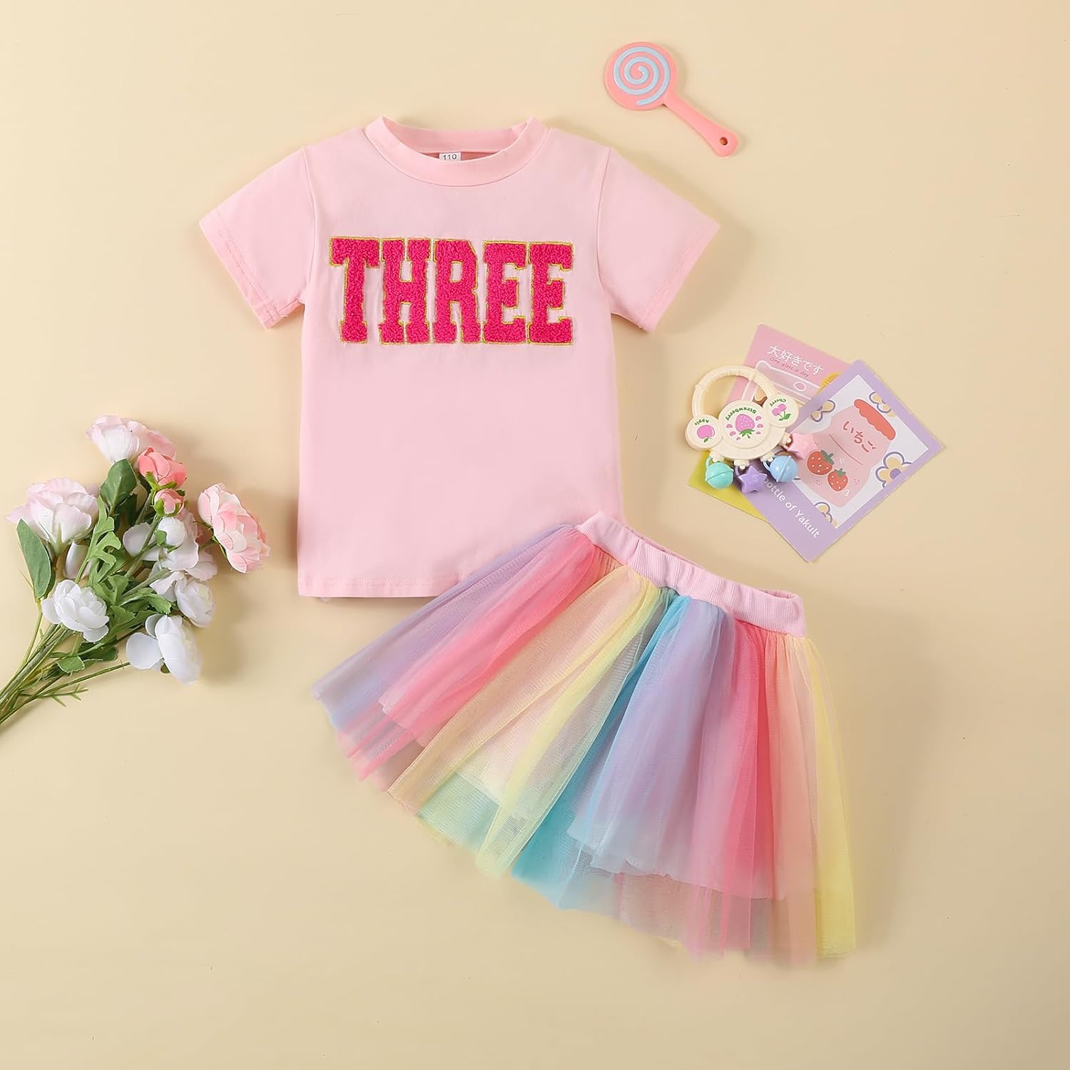 Toddler Kids Baby Girls Birthday Outfit Two/Three/Four/Five/Six T-shirt Rainbow Mesh Tulle Tutu Skirts - Image 7