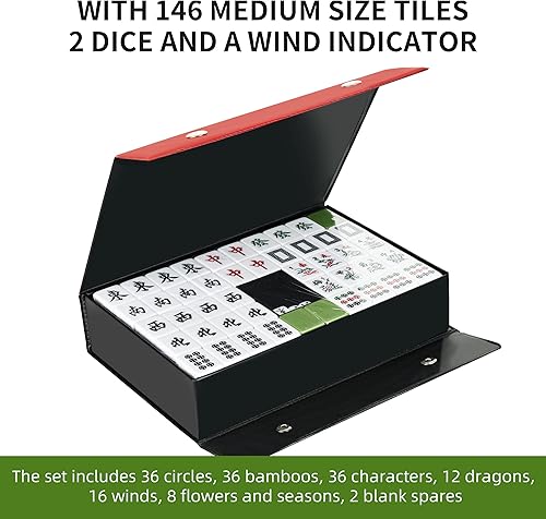 Miniatura 3 de TWBTC Juego completo de mahjong de 1.2 pulgadas (1.181 in) verde chino con 144 + 2 azulejos de melamina y caja de transporte portátil de viaje y