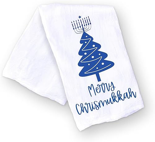 Funny Blended Holiday Christmas and Hanukkah Kitchen Towel, Christmas Tree and Menorah Jewish Dish Towel, Gift for Hostess, Housewarming