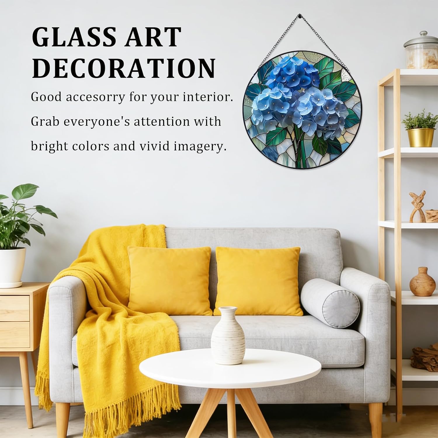 7.87" Blue Hydrangea Flower Suncatcher Stained Glass Window Hanging Room Decor,Sun Catchers Indoor Window Glass Round Panel Wall Decor, Floral Wall Art Hanging Decorations Statues