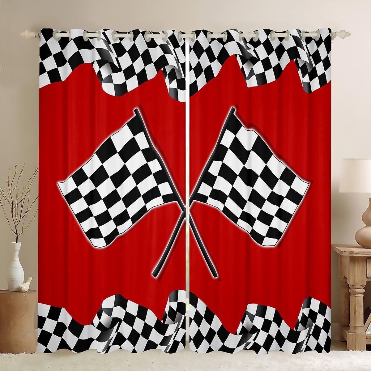 Castle Fairy Racing Car Flag Curtain for Bedroom,Race Car Extreme Sports Themed Blackout Window Curtain for Girls Teens,Black White Checkered Plaid Decor Microfiber Window Treatment, 42Wx84L inch
