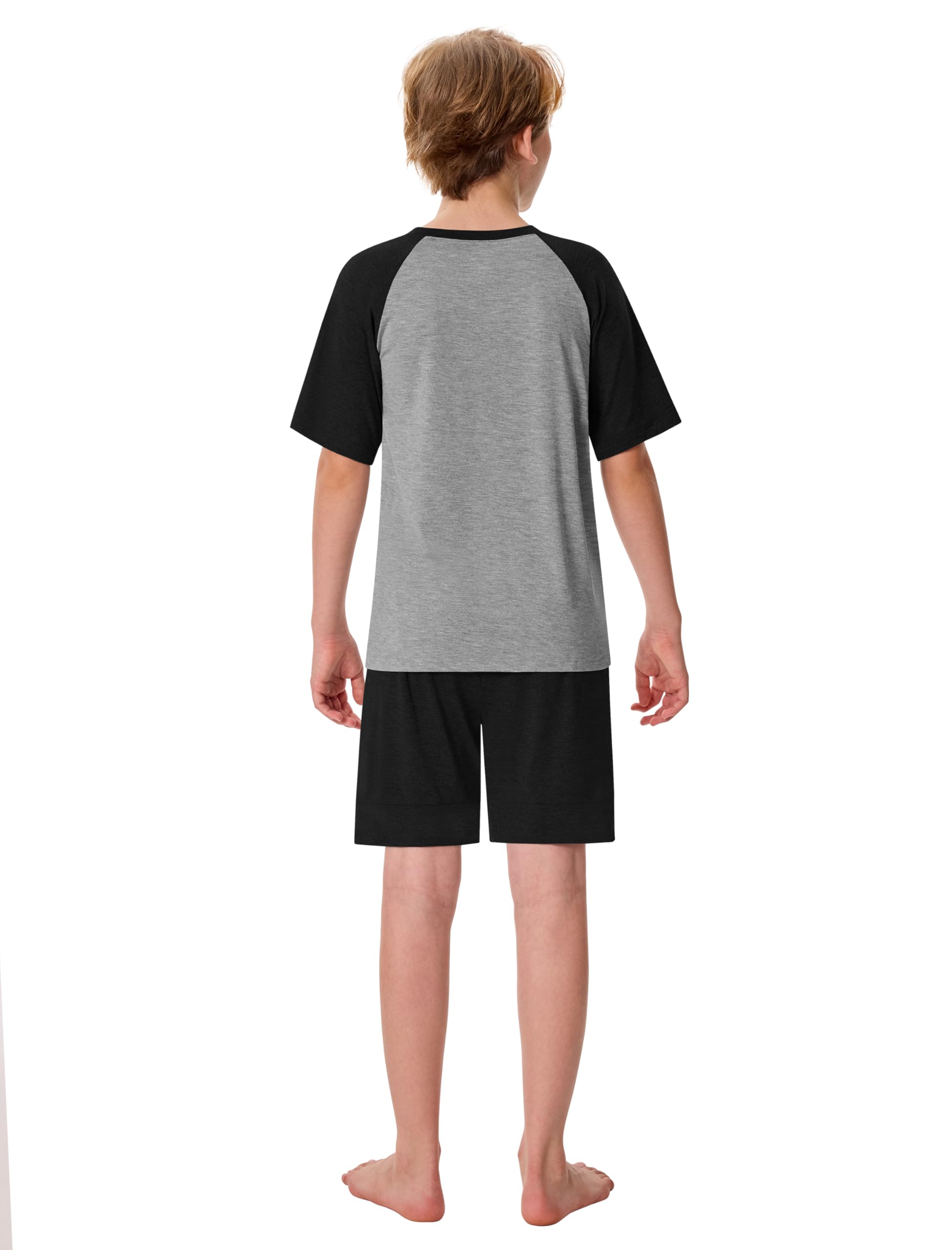 MoFiz Garçon Ensembles de Pyjama Doux Vêtements de Nuit Décontractés Manche Courte Haut et Shorts avec Poches 8-18 Ans