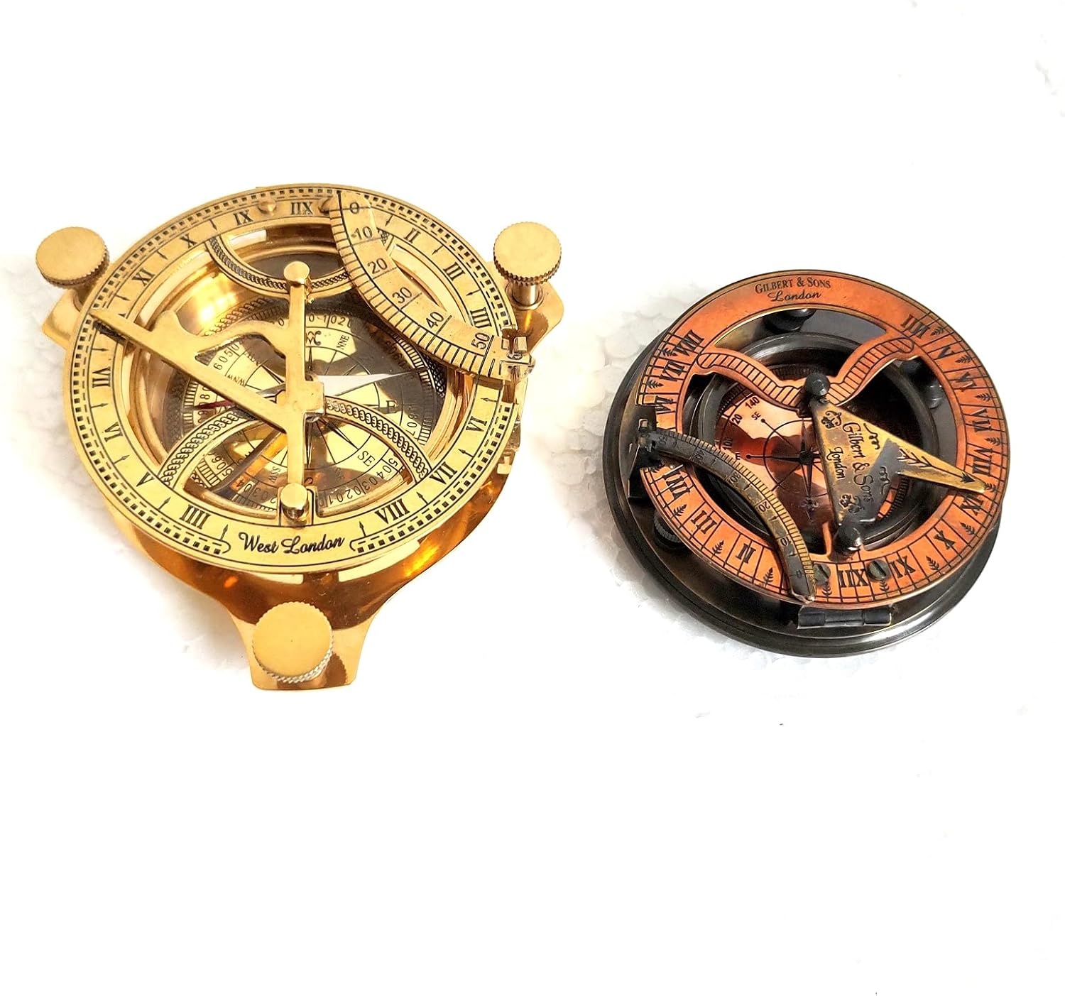 West London Brass Sundial Compass Set, Gold and Copper Finish, Vintage Nautical Navigation Style, Maritime Decorative Timepiece