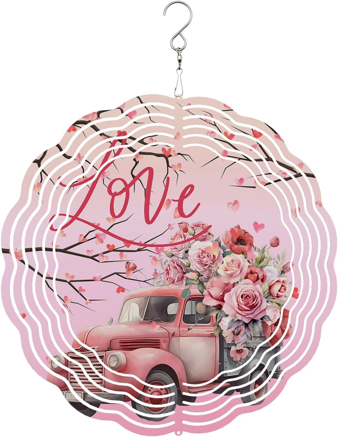 Roses Valentine's Day Pink Truck Wind Spinners for Yard and Garden, Metal Wind Spinner Hanging for Outdoor Indoor, Love Heart Tree Porch Wind Sculptures Spring Summer Ornament Spinner 10''(Floral)