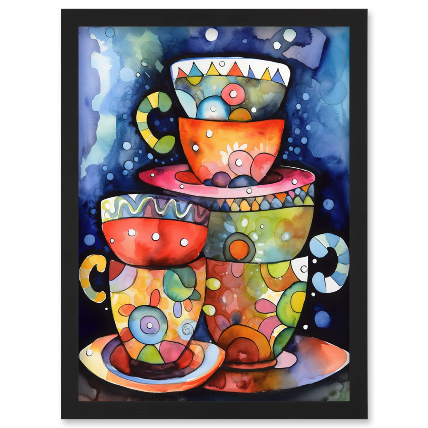 Kitchen Folk Art Mugs And Cups Artwork Framed Wall Art Print - A4 - Artery8