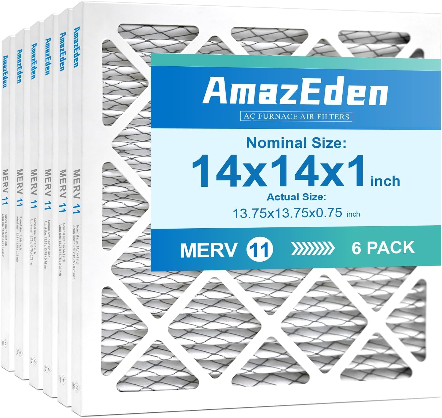 14x14x1 Air Filter MERV 11 (6-Pack) MPR 1000 FPR 7 AC HVAC Furnace Filters Pleated Dust Defense Replacement for Home (Actual Size: 13.75x13.75x0.75 Inches)