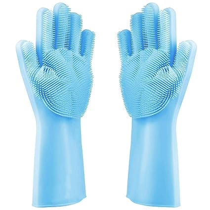 Aenon Fashion Washing Silicone Reusable Heat Resistance and Water Proof Hand Gloves with Scrubber for Kitchen Cleaning, Utensils, Bath and Pet Hair Care, Large, Multicolour - Pack of 1 Pair