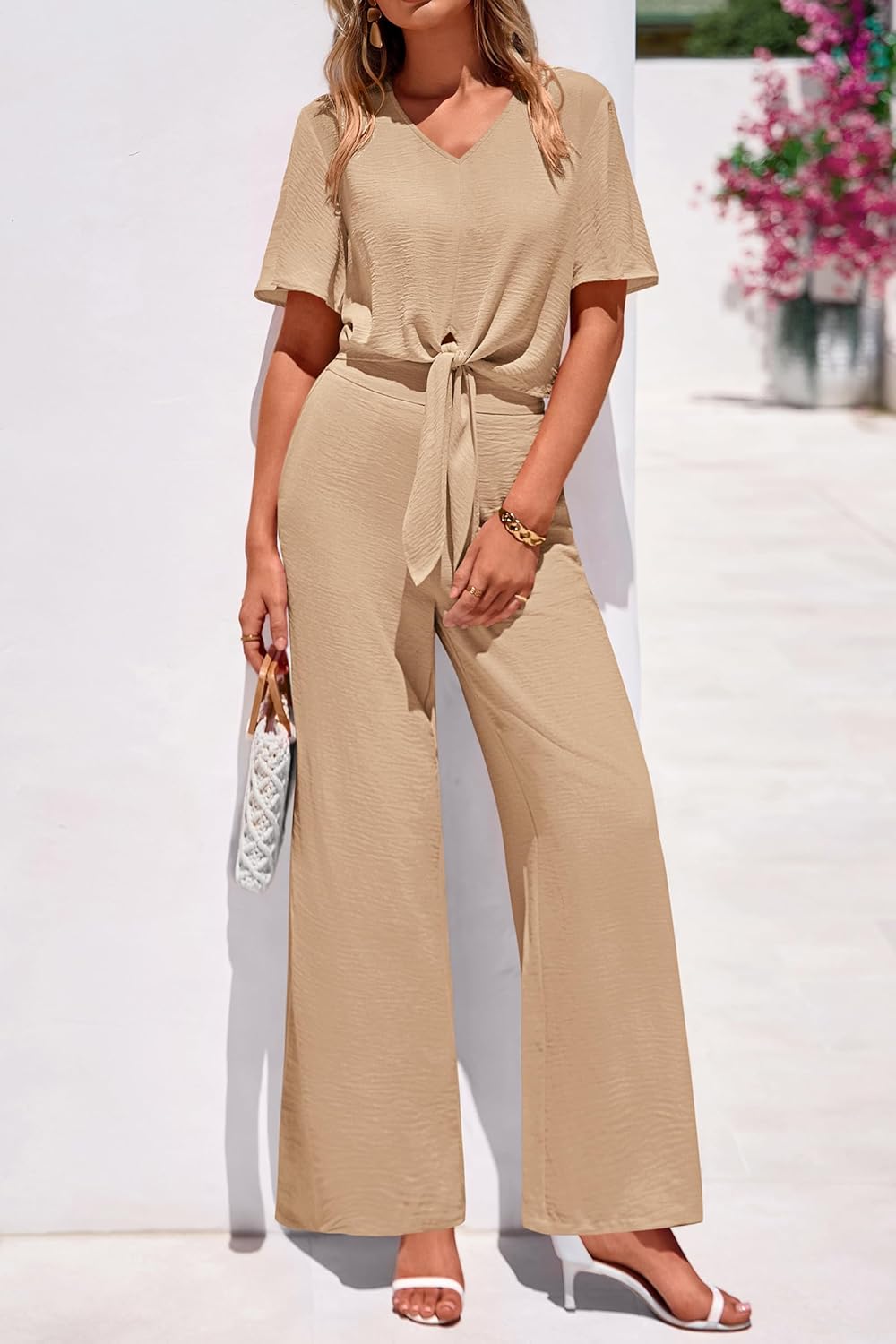 PRETTYGARDEN Women 2 Piece Summer Outfits Short Sleeve Strappy Top Wide Leg Pants Tracksuit Lounge Sets Beach Clothes - Image 8