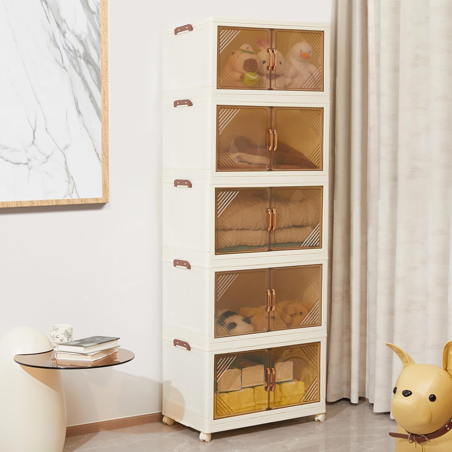 4-Tier Storage Bins with Lids, 58QT Stackable Storage Bins with Wheels, Closet Organizer and Storage, Plastic Large Collapsible Storage Containers for Home, Bedroom, Office Organization