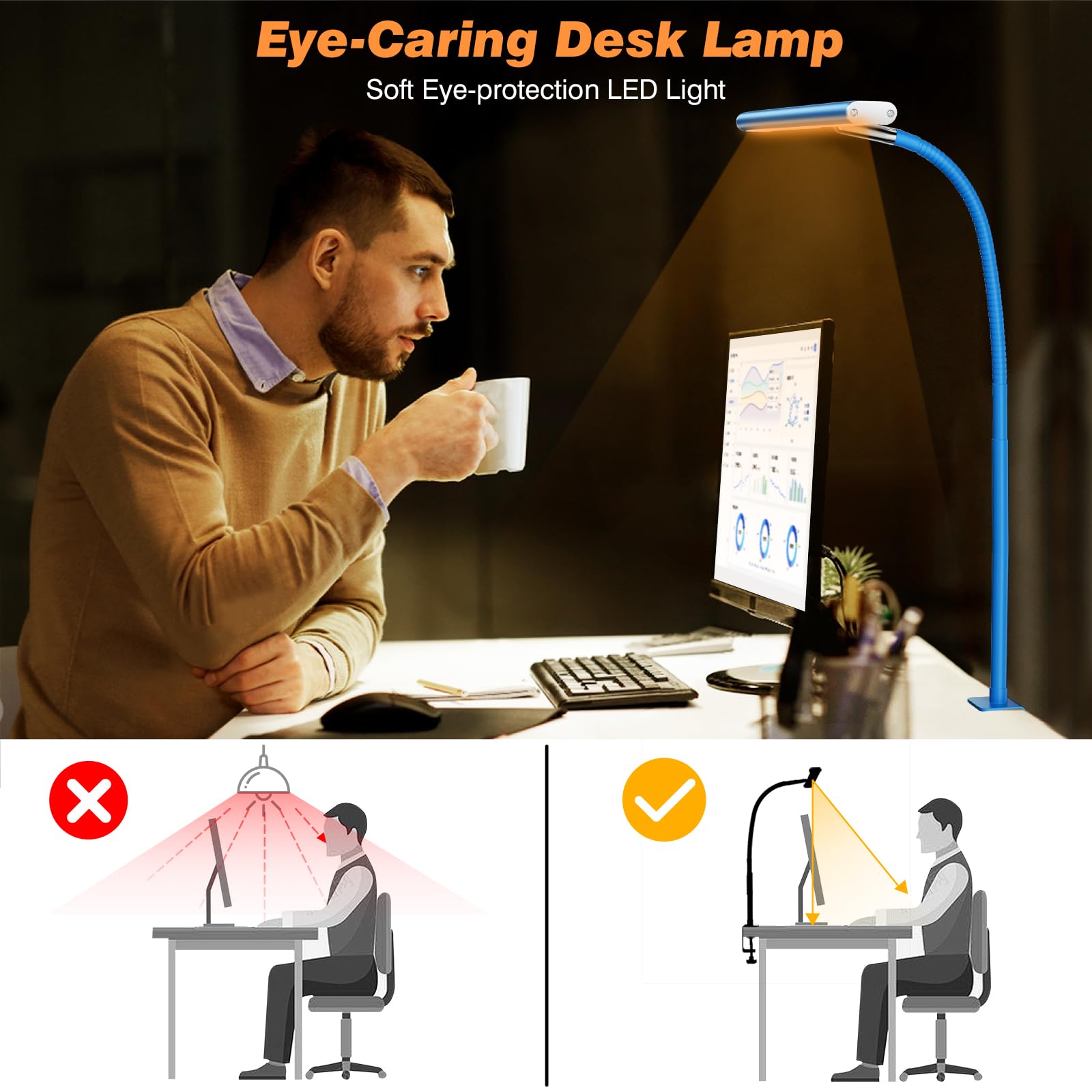 Airlonv LED Desk Lamp with Clamp, 17" Stepless Dimming Light, Blue view 6