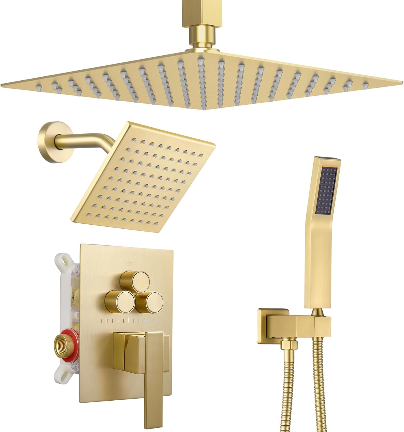 Dasan Brushed Gold Dual Shower Heads System with Ceiling 12-Inch Rainfall Shower & Wall Mount 6-Inch High Pressure Shower Head, Full Body Dual Shower Head Set