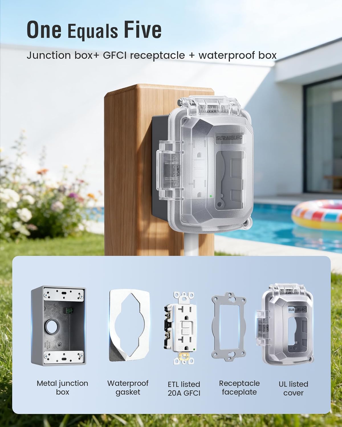 SURAIELEC 1-Gang Outdoor GFCI Outlet Kit with Weatherproof Cover and Junction Box, UL Listed in-Use Outlet Cover, 20 Amp TR WR ETL Listed GFCI Receptacle, Non-Metallic Extra-Duty Box, Grey, 1 Pack
