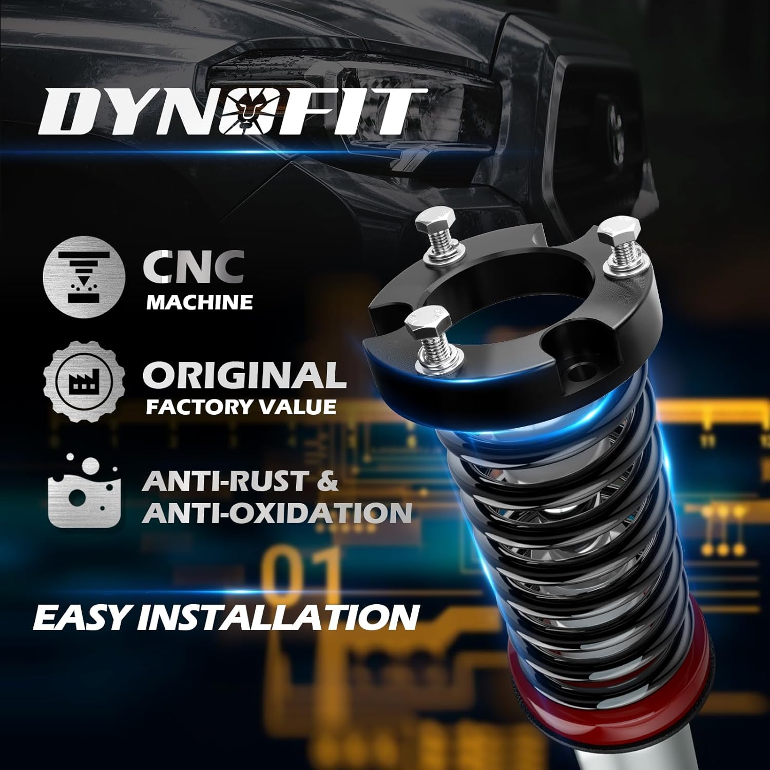 Dynofit 1.5" Leveling Kit for Toyota Tacoma (2005-2023), 4Runner (2003-2024) & FJ Cruiser (2007-2015) - 2Pcs Forged Aluminum Strut Spacers Work on Shock Absorber, Lifts Front Suspension 1-1/2 Inch