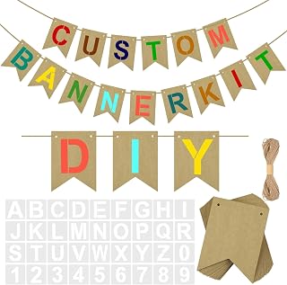 Yeaqee 137 Pcs DIY Banner Kit 100 Pcs Paper Blank Banner Flags with 36 Letters Number Stencil Set Custom Personalized Create Make Your Own Handwriting Signs for Birthday Graduation Weddings Decor