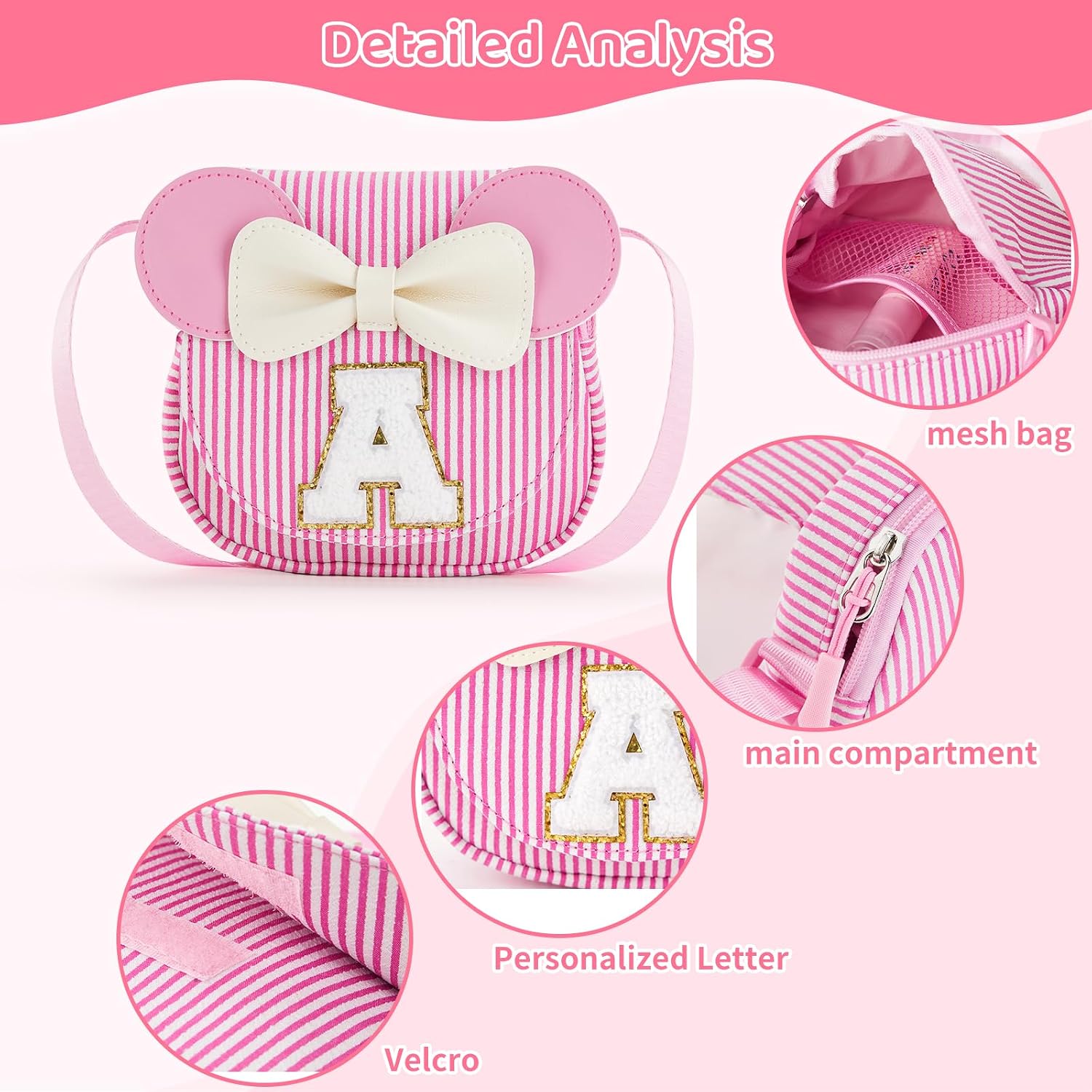 Personalized Initial Girls Crossbody Bag, Minnie Mouse Ears Kids Purse with Glitter Letter, Adjustable Waist Fanny Pack for 3-8 Years Old (Pink Stripe, A)