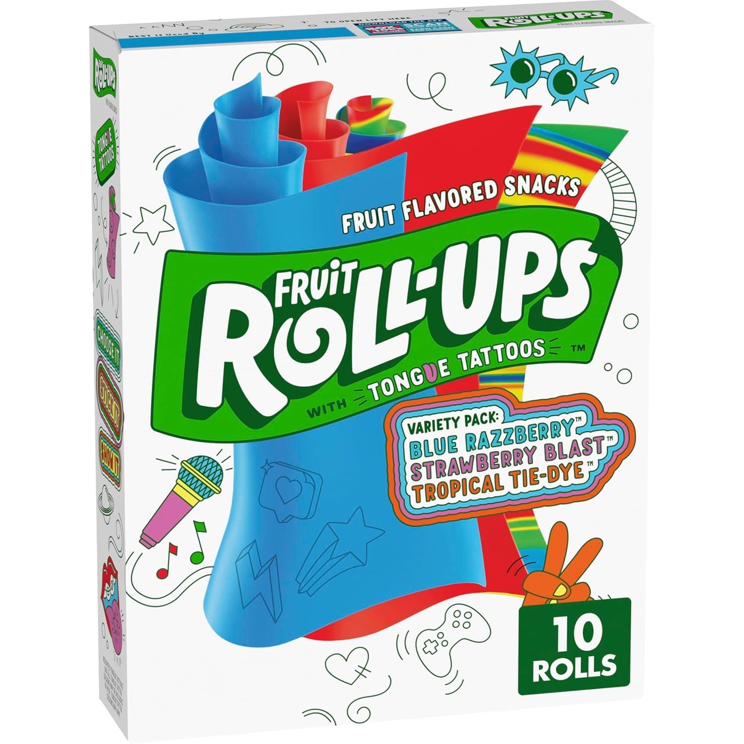 Variety Pack – 10er Pack (141 g) – Tropical Tie Dye, Strawberry & Blue Razzberry – Fruchtrollen zum Abrollen
