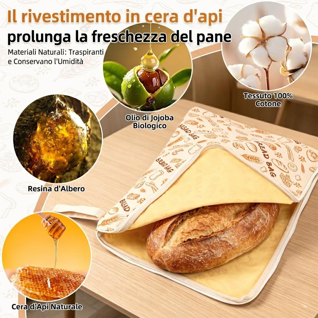 AHJ Confezione da 2 Sacchetti per Pane in Cera d'Api 43x33cm, Borsa Porta Pane Riutilizzabile in Cotone e Lino con Cerniera a L per Sourdough Fatto in Casa, Baguette e Pane Artigianale Lavabile
