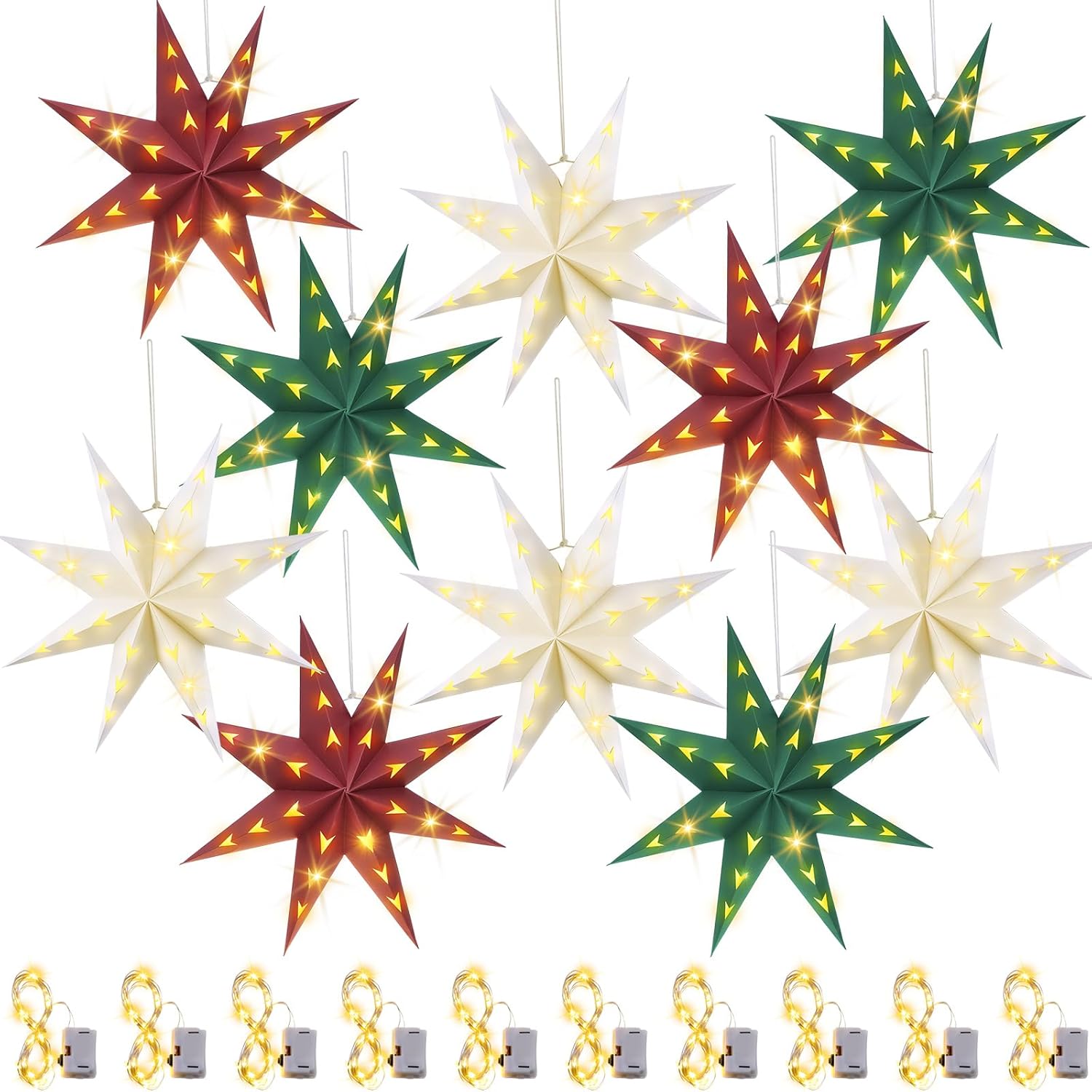 Baquler 10 Set 8-Pointed 12 Inch Paper Star Lanterns Christmas Hanging Lamp Decorations 3D Lampshade Hanging Decor with 10 LED Light for Xmas New Year(Red, Green, White)