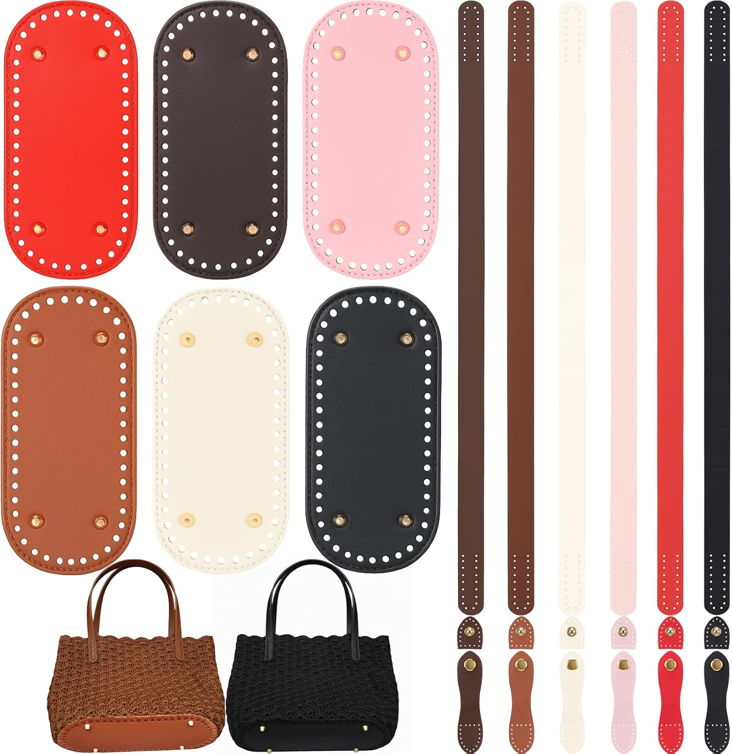Sunnymove 24 Pcs Bag Bases for Crochet Purse Kit Include 6 Bag Bases 12 Leather Purse Straps 6 Snap Buckles for DIY Shoulder Packet Making Craft, 6 Colors