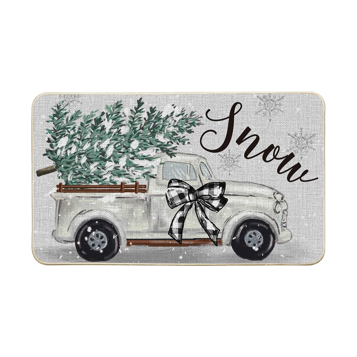 Artoid Mode Christmas Welcome Mat Set - 2 Piece Kitchen Rugs, Non-Slip, Truck & Pine Holly Stripes Design