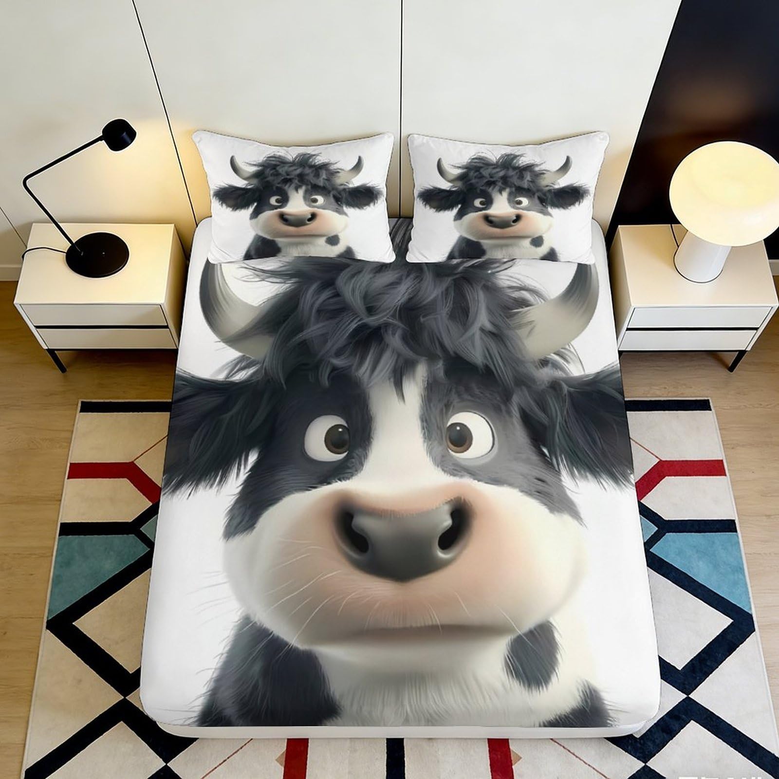 3D Printed Cute Cow Fitted Sheet Microfiber Soft Durable Cartoon Bull Bed Sheet for Bedroom Dormitory Guest Room Mattress Cover Protection 90x200x25cm