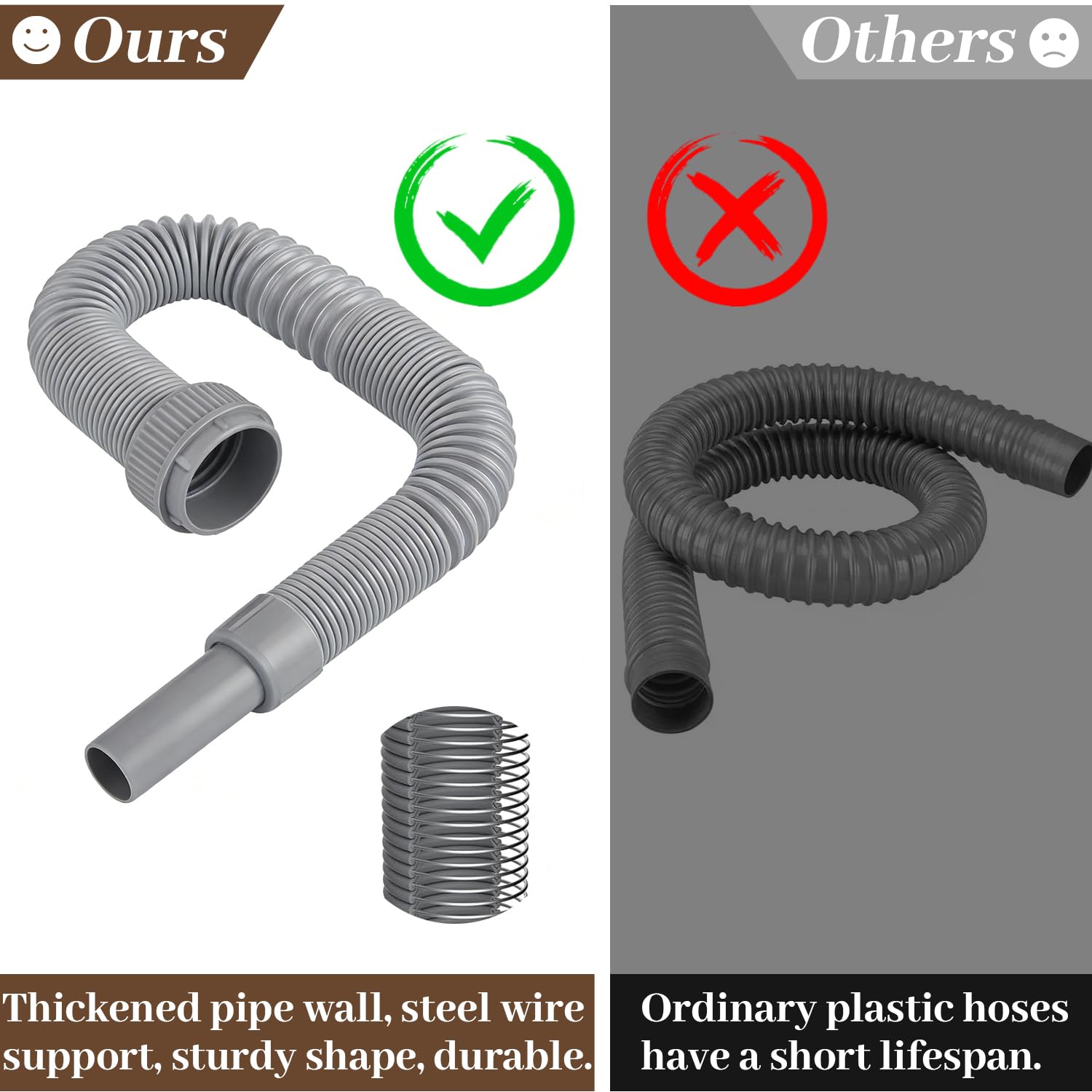Tubo de desagüe flexible 45 mm, tubo extensible para fregadero, manguera con refuerzo de acero, adaptador 40 mm, kit duradero para cocina y baño (Gris) — view 4