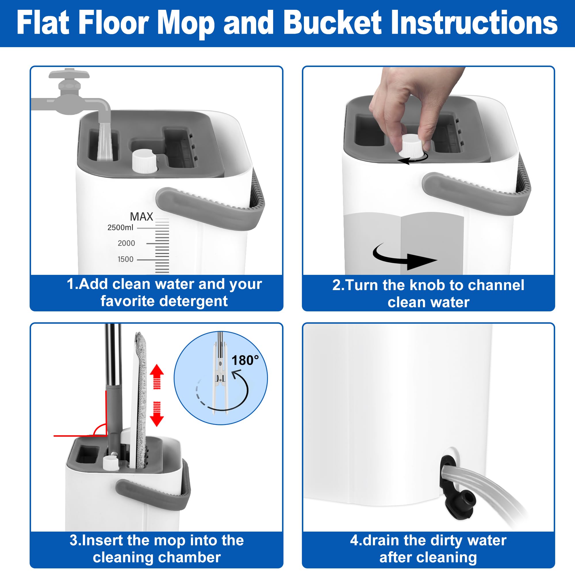 Set di mocio e secchi: testa piatta con 6 panni in microfibra riutilizzabili per la pulizia a secco e bagnato, mocio per la polvere, per casa, bagno, cucina, pavimenti in legno laminato