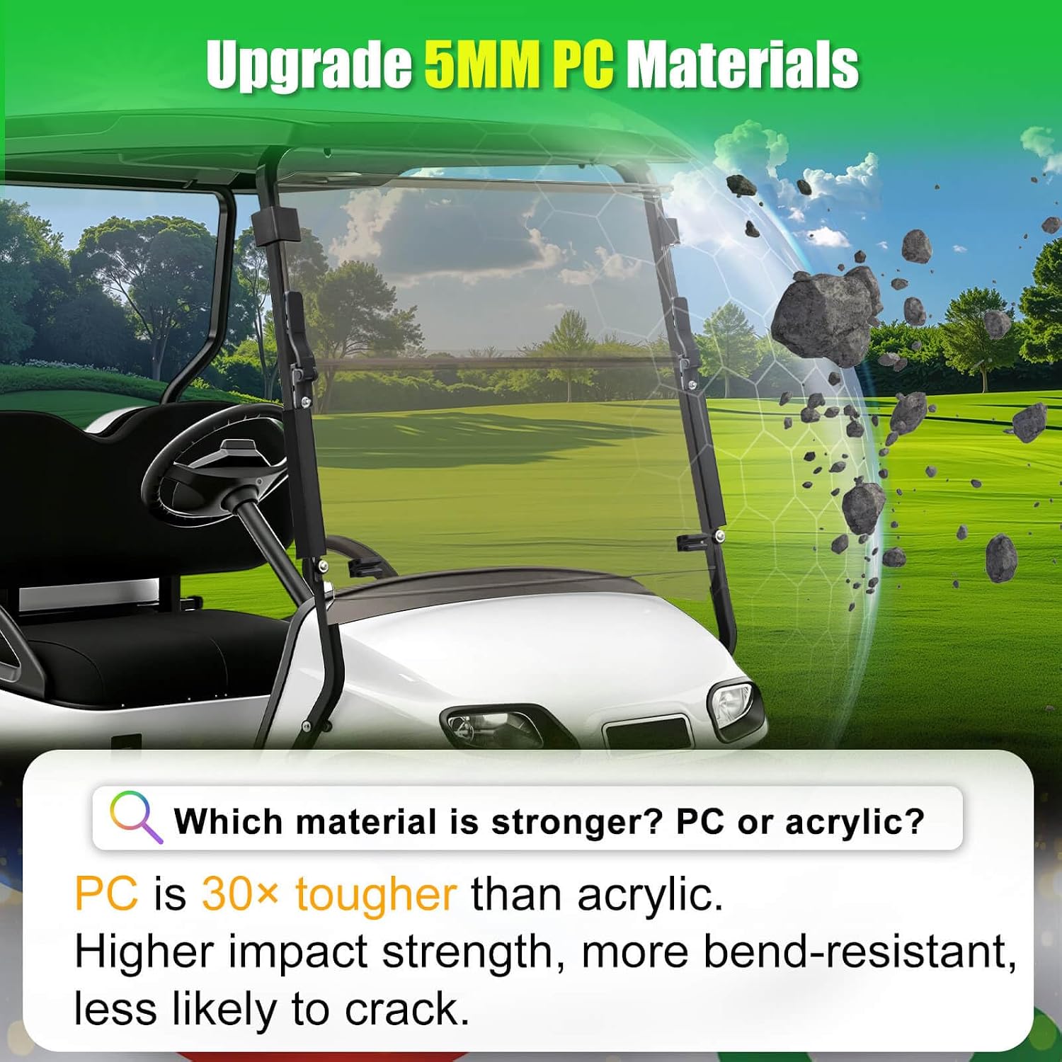 5MM Thick Upgrade PC Foldable EZGO TXT Windshield with Heavy Duty Hinges Only Fit for 2014-Up EZGO TXT Golf Cart with 1" Struts Rail, Anti-UV Impact Resistant Golf Cart Windshield Tinted