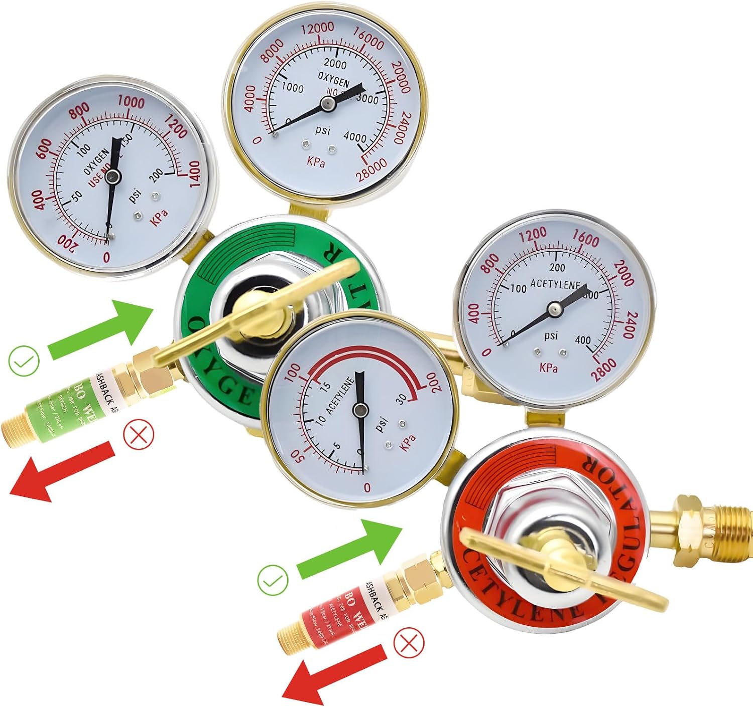 BO WELD Oxygen and Acetylene Flashback Arrestors Set Regulator End 9/16-18UNF Threads B Size