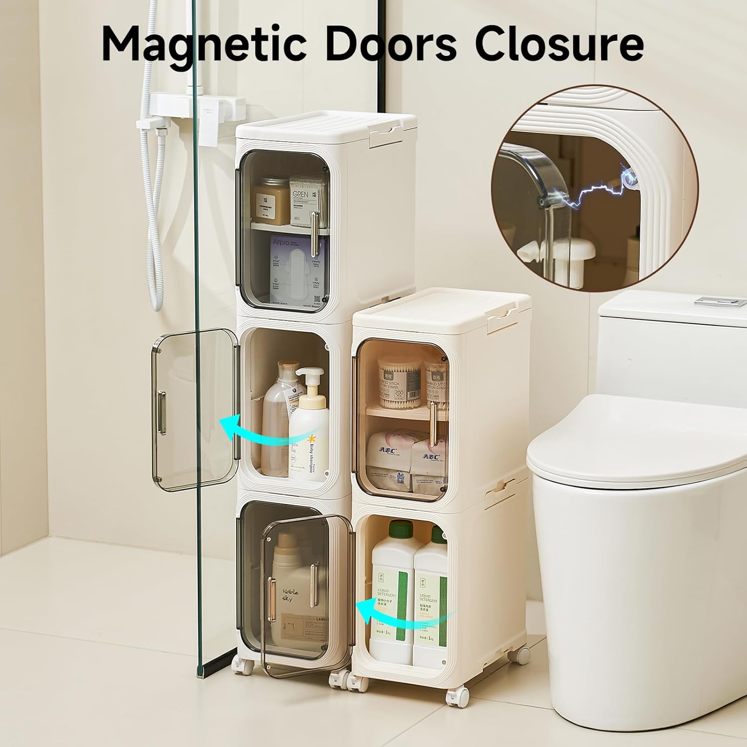 4-Tier Narrow Storage Cabinet with Magnetic Doors and Shelves, Plastic Slim Bathroom Organizers and Storage with Wheels for Small Spaces Bathroom, Kitchen, White