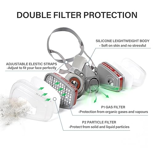 Miniatura 2 de Respirador reutilizable, respirador reutilizable de media cara con 6 filtros respiradores de algodón activo contra pintura, polvo, lijado, pulido,