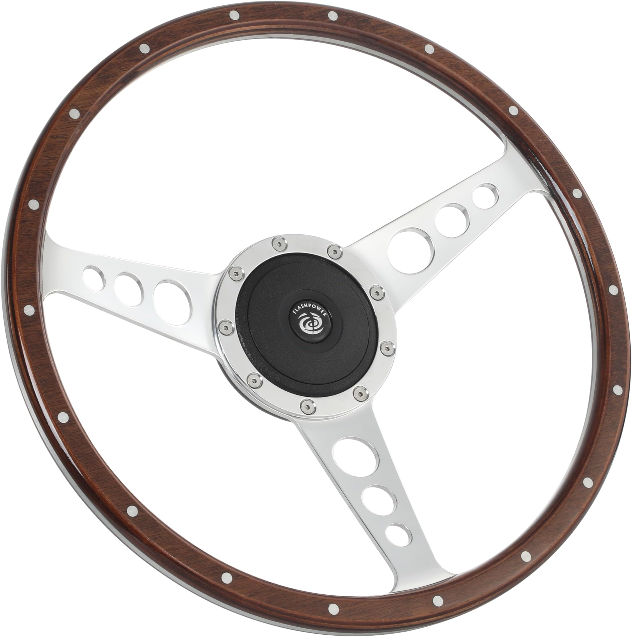 Flashpower 15'' Classic Wood Steering Wheel 18 Rivets with Horn Button