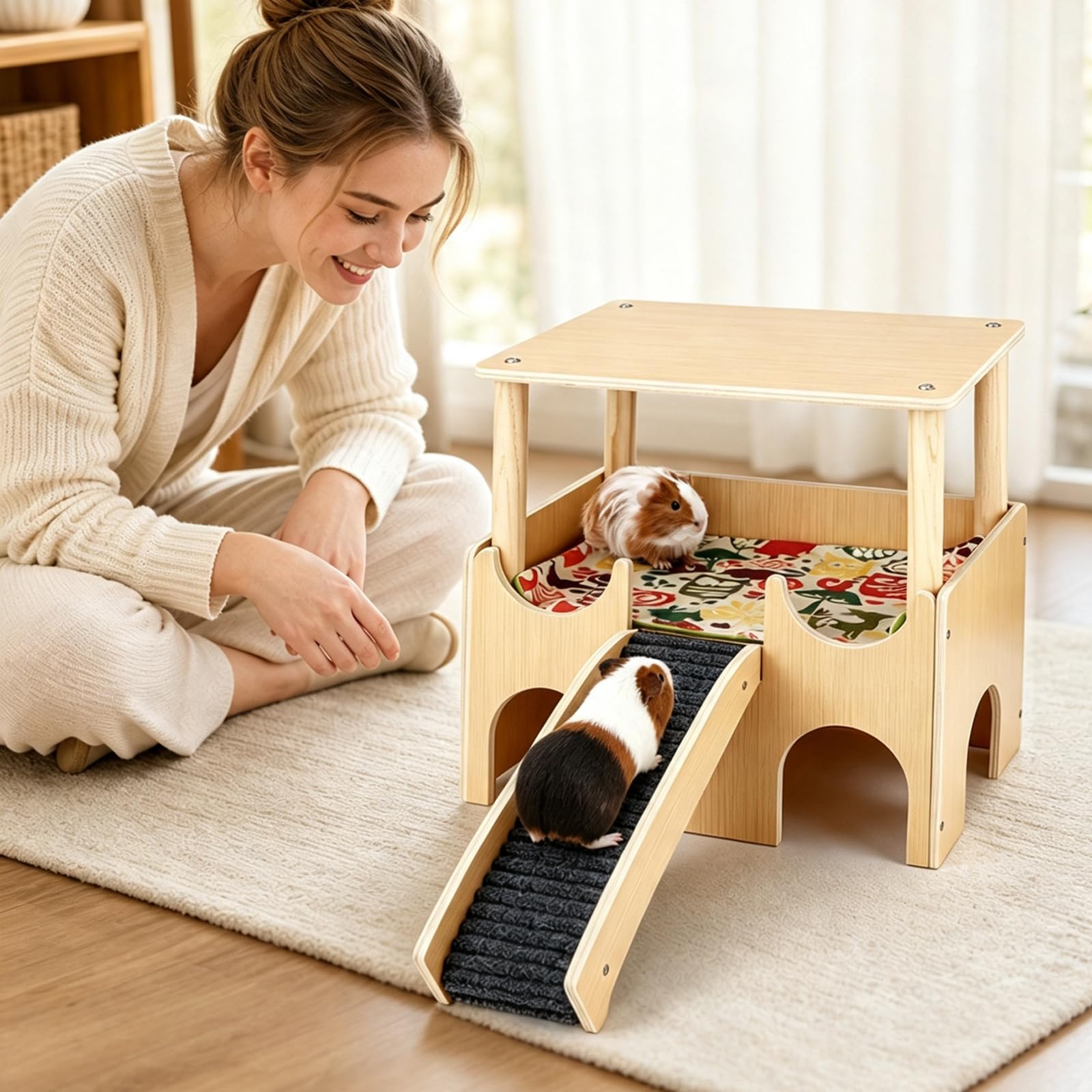 Meerschweinchen Haus aus Holz - Mit Treppe Rampe meerschweinchen Spielzeug Zubehör, Hamsterhaus Hasenhaus Kleintierhaus für Kleintiergehege, Kaninchenhaus gehege Hängematte Käfig