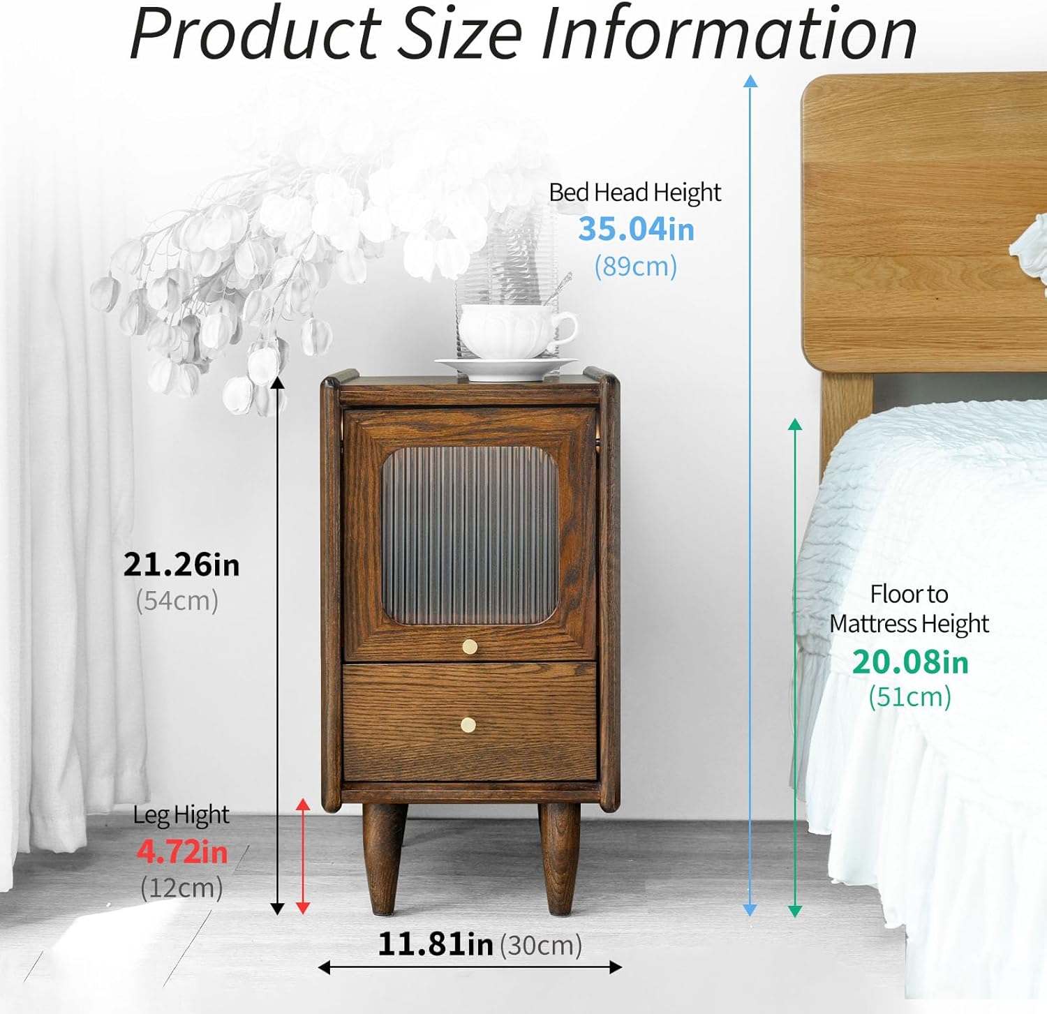 Mid Century Modern Narrow Nightstand with Drawers, Solid Wood Oak Bedside Table, Side Table, 11.81 W x 15.75 D x 21.26 H Inches, Walnut