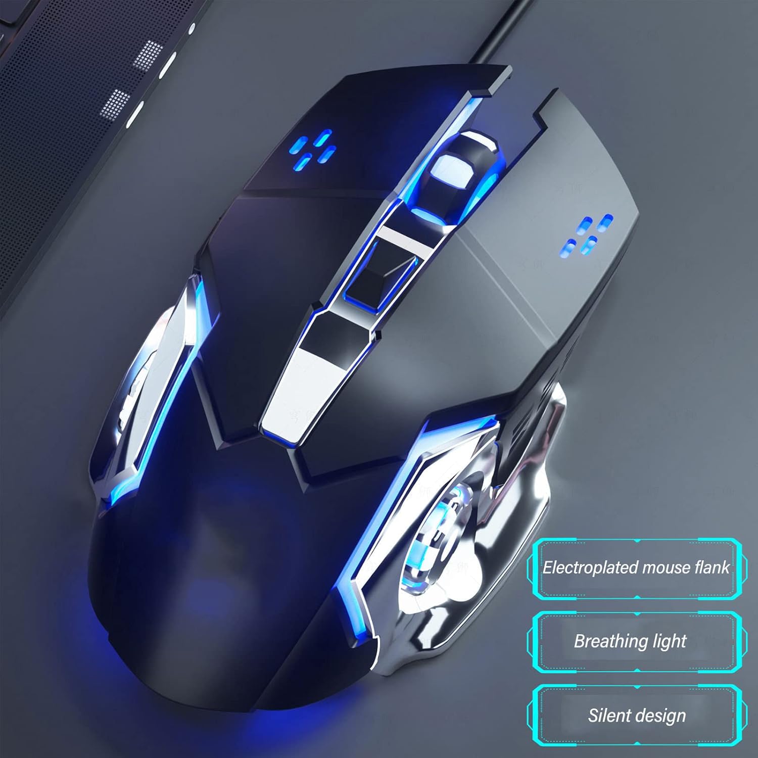 Computer Gaming Mice, USB Optical Silent Wired Gaming Mouse, 1200 1600 2400 3600 4 Adjustable DPI Up to 3600, RGB, for Windows 7 8 10 XP, 6 Buttons (Black Audible Mouse)