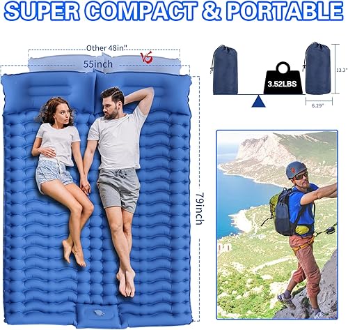 Miniatura 2 de Alinbrn Double Camping Sleeping Pad, Extra Thickness 4 Inch Sleeping Mat with Pillow Built-in Foot Pump, Ultralight Inflatable Camping Sleeping Mat