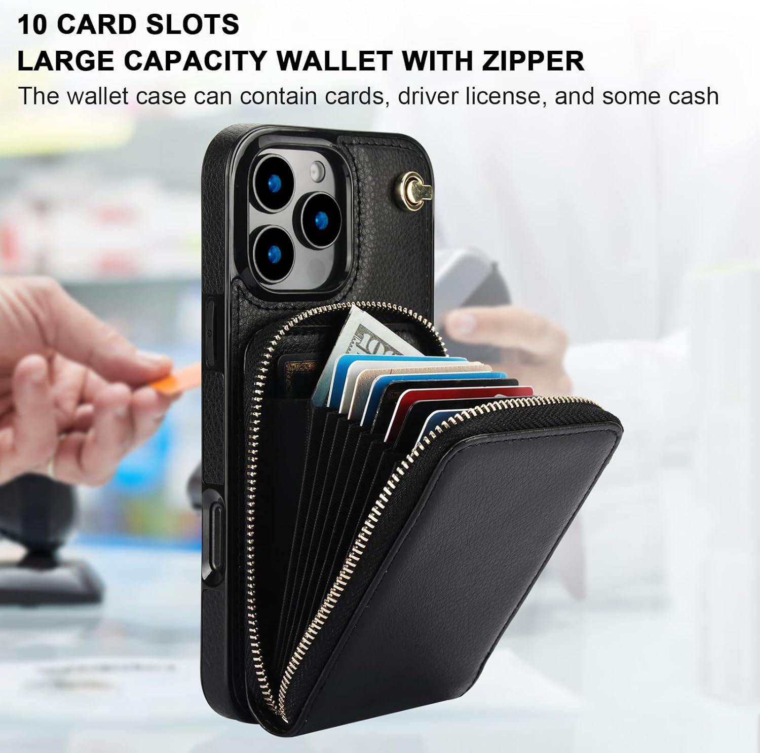 KIHUWEY Crossbody Wallet Case for iPhone 16 Pro Max, Zipper Pocket Case with Card Holder, PU Leather RFID Blocking Protective Cover with Kickstand and Detachable Wrist Strap Lanyard 6.9" (Black)