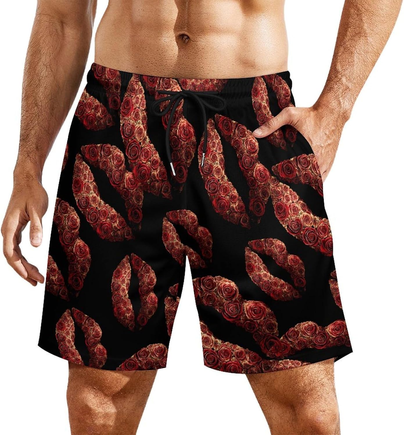 Lips Flower Lip Print Mens Swim Trunks Summer Beach Shorts Board Shorts Swimwear Bathing Suits with Pockets