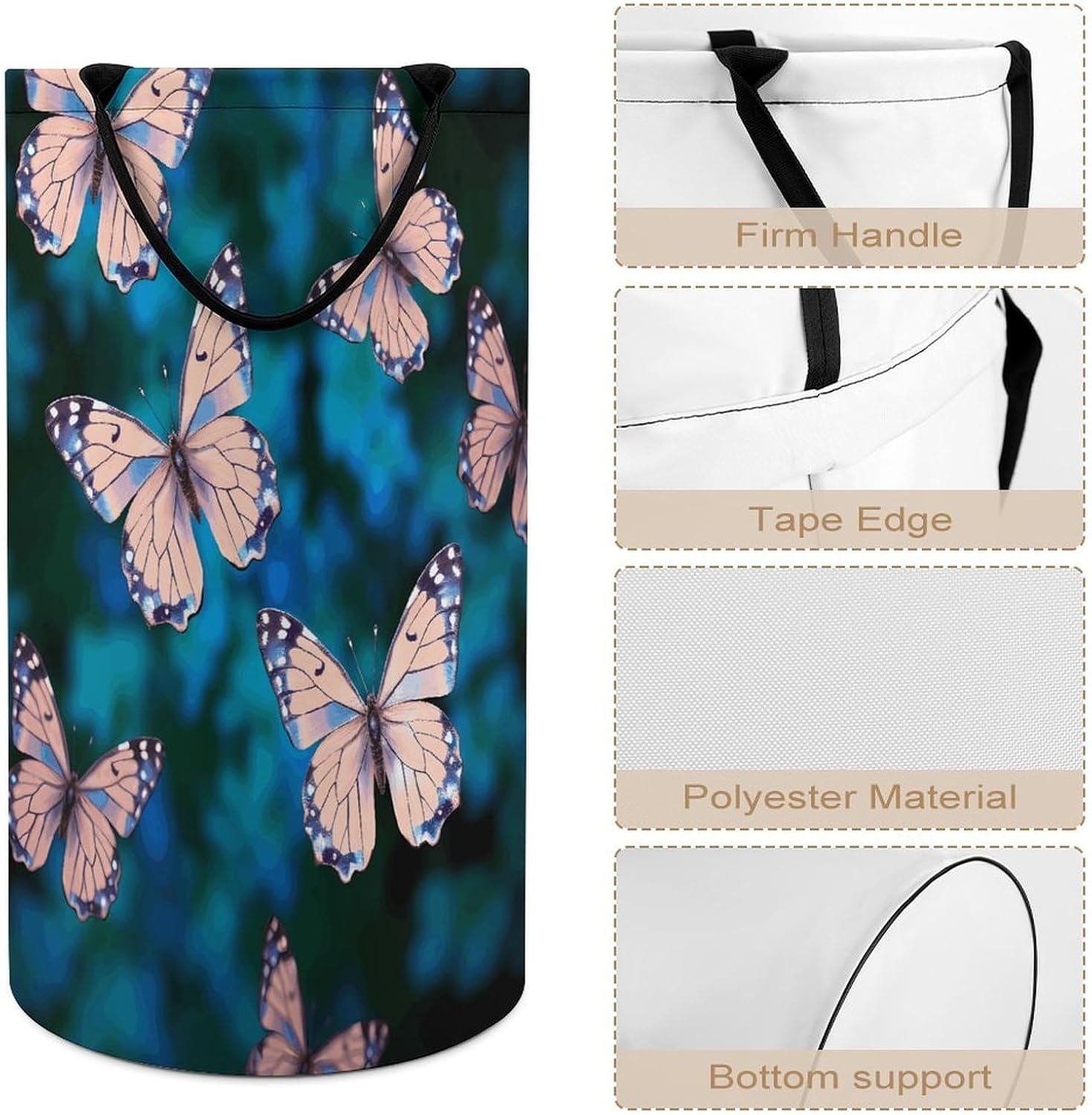 Cute Butterflies Laundry Hamper with Handles Waterproof Collapsible Laundry Basket Large Lightweight Round Dirty Clothes Hamper for Home Dorm Bathroom Decor