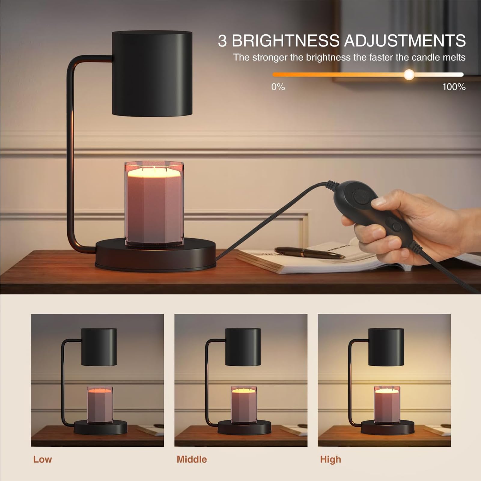Lampe Chauffante À Bougies, Lampe Chauffante À Bougies avec Minuterie Et Gradateur pour Spa Aromathérapie Home Office Chambre Nightlight,Noir