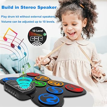 Electric Drum Kit - CNAPXAIA Portable Kids Drum Set with Build-in Stereo Speakers, 9 Pad Silicone Electronic Drum Machine Musical Instrument Gifts for Birthday Christmas