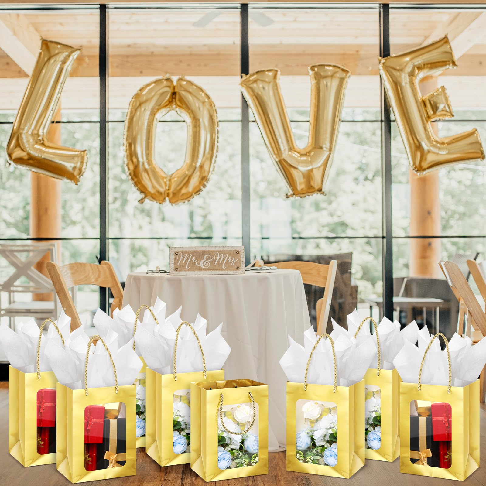 Zhanmai 36 bolsas de regalo transparentes de papel kraft con papel de seda, bolsas de regalo de papel de 10 x 7 x 5 pulgadas con asas transparentes para negocios, compras, bodas, baby shower